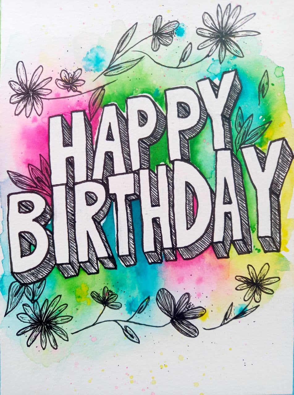 Mixed media birthday card with floral elements (watercolourable brushpens and fineliner).